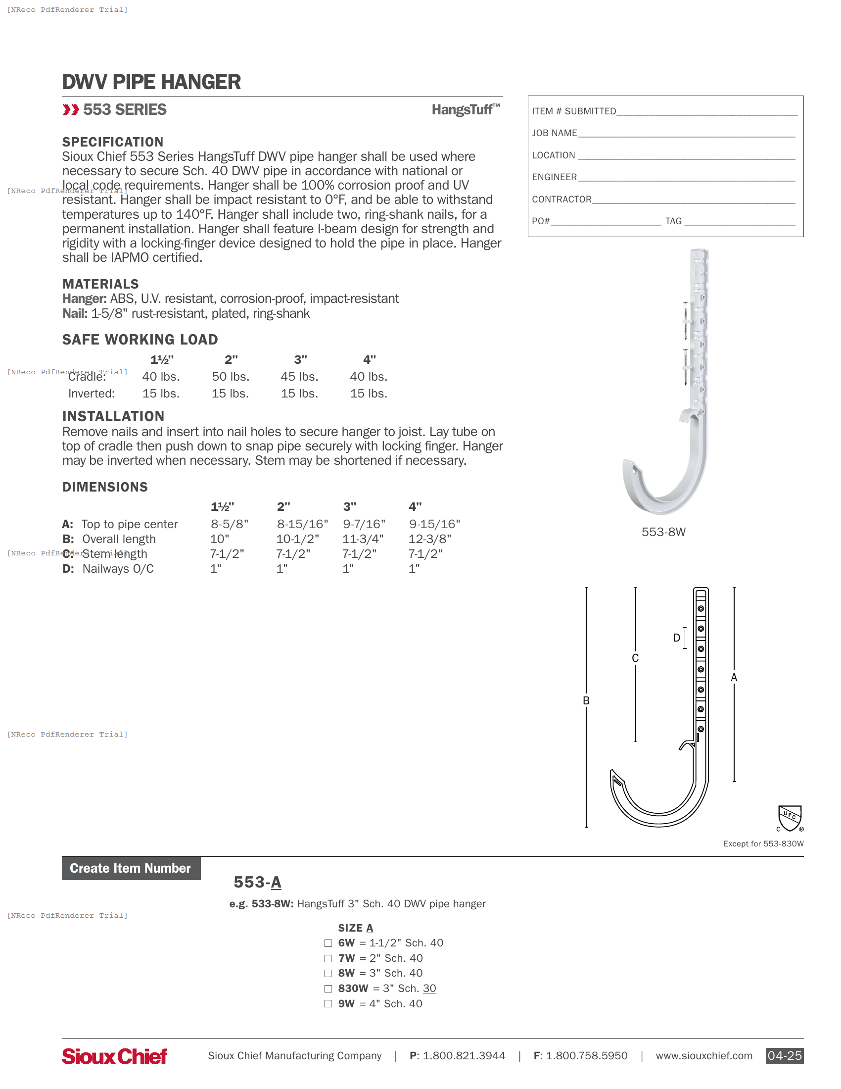 553 SERIES - HANGSTUFF DWV PIPE HANGER -  SPEC SHEET.PDF Specification Document